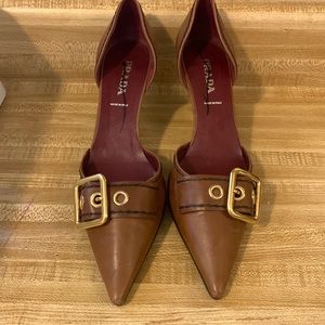 Prada D’orsay Crosta brown leather buckle pointed toe kitten heel pumps